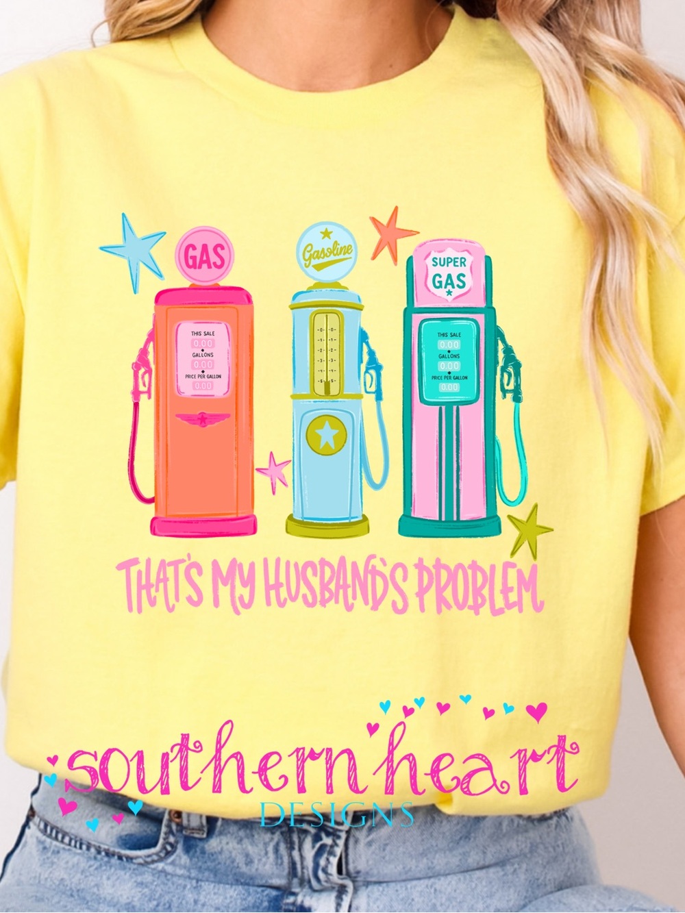 Gildan Yellow Short-Sleeve Tee with Retro Gas Pump Graphic
